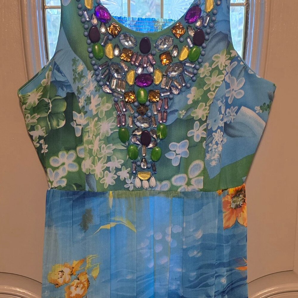 DG2 Diane Gilman Blue Floral Maxi Dress Beaded Bodice Elastic Back